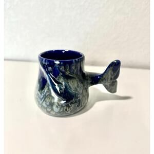 Whale Tail Handle Coffee Mug Blue Drip Glaze and Scales Ceramic Art Pottery Mug